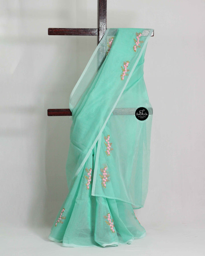 Light Aqua Green Kota Saree with Floral Hand Embroidery
