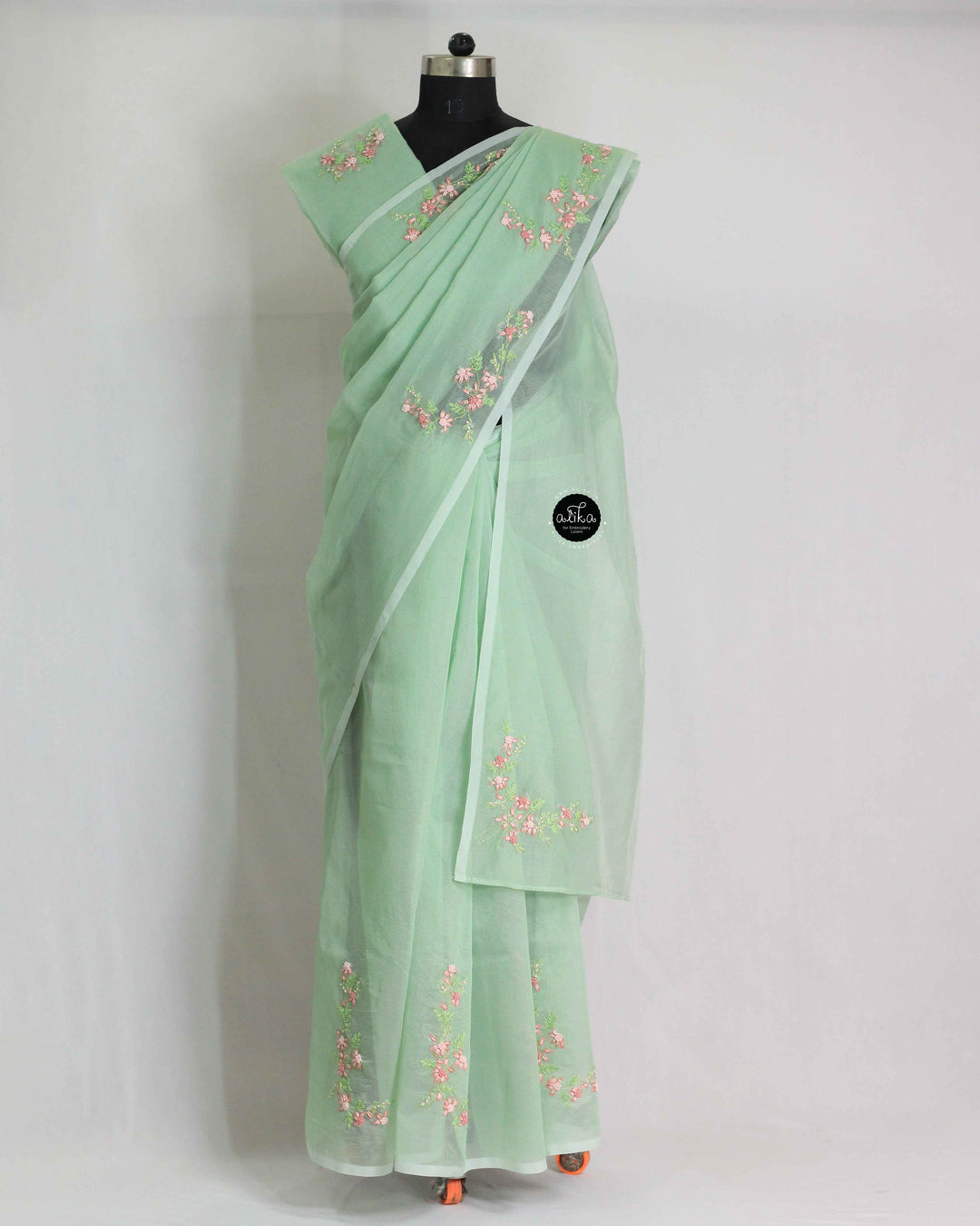 Pistachio Green Kota Saree with Floral Hand Embroidery