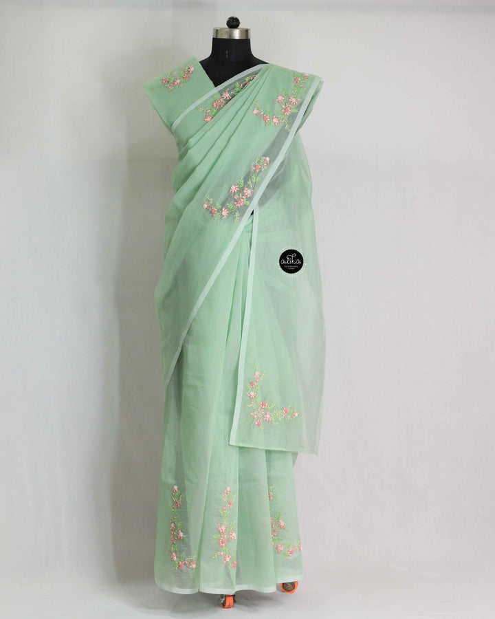 Pistachio Green Kota Saree with Floral Hand Embroidery