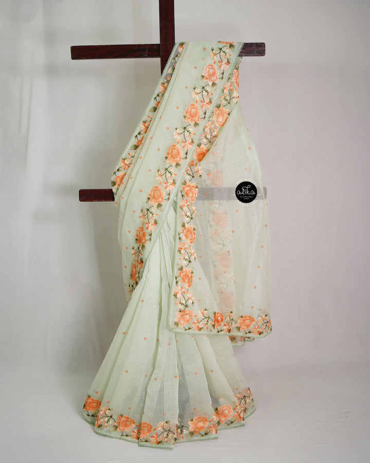 Mint Green Kota Saree with Floral Machine Embroidery Border