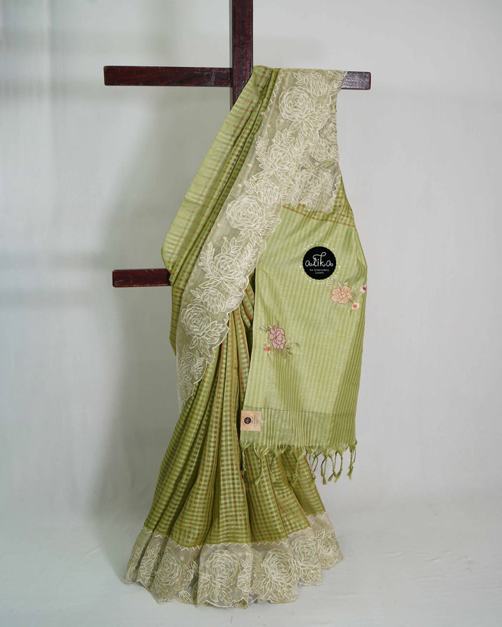 Pistachio Green Designer Silk Saree with Floral Applique Border &amp; Cross Stitch Pallu