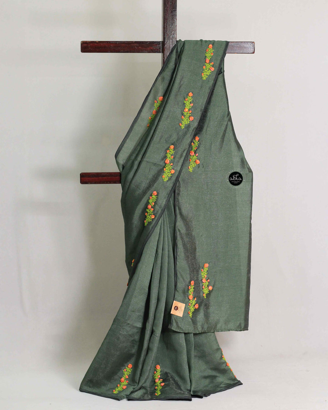 Green Semi Silk Saree with Floral Hand Embroidery