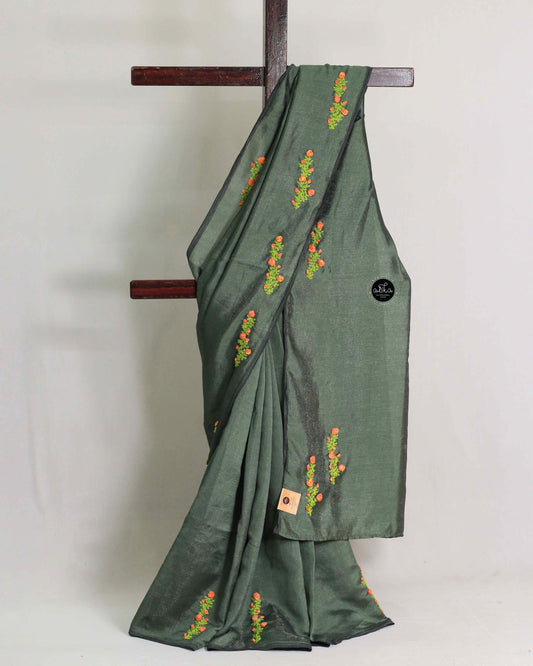 Green Semi Silk Saree with Floral Hand Embroidery – Elegant Festive Wear