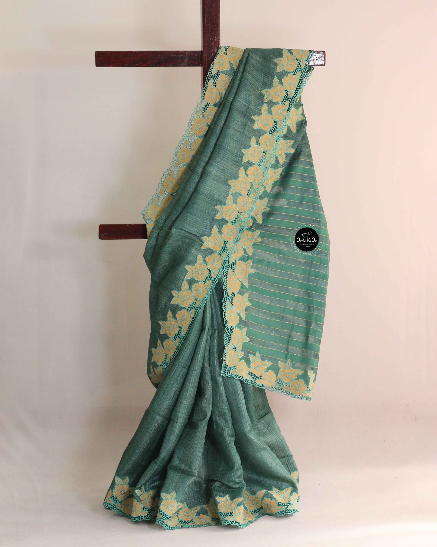 Green Tussar Silk Saree with Floral Cutwork Border