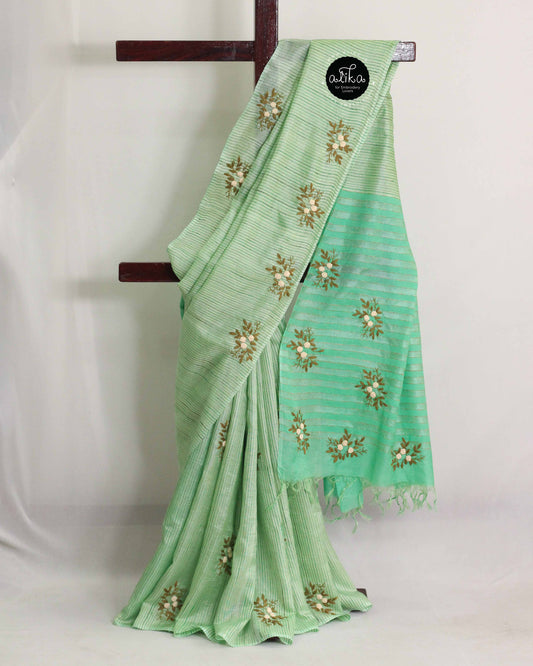 Pale Teal Pure Tussar Silk Saree with Floral Hand Embroidery – Alika Fashion Store