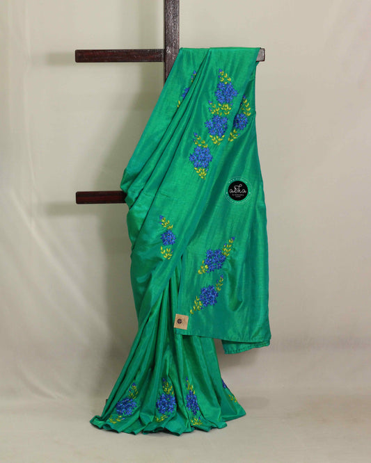 Ocean Green Semi Silk Saree with Floral Ribbon Embroidery – Alika Fashion Store