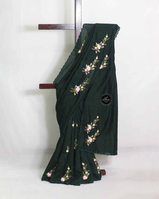 Dark Green Semi Georgette Saree with Floral Ribbon Embroidery – Alika Fashion Store