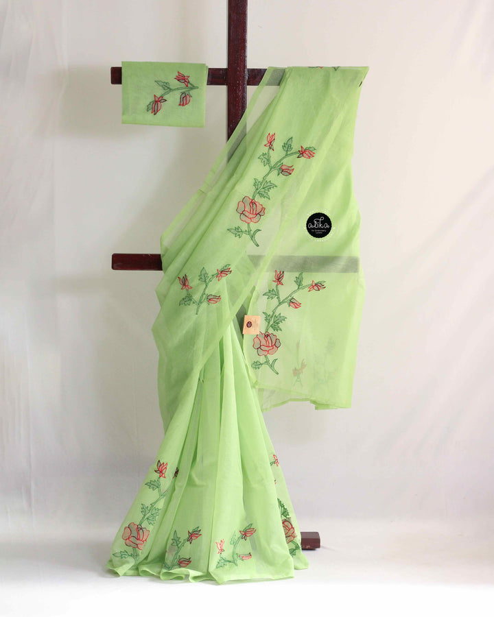 Light Green Kota Saree with Floral Shadow Work