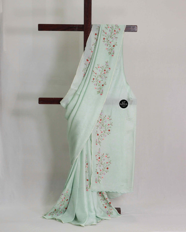 Light Pista Green Crispy Georgette Saree with Floral Machine Embroidery