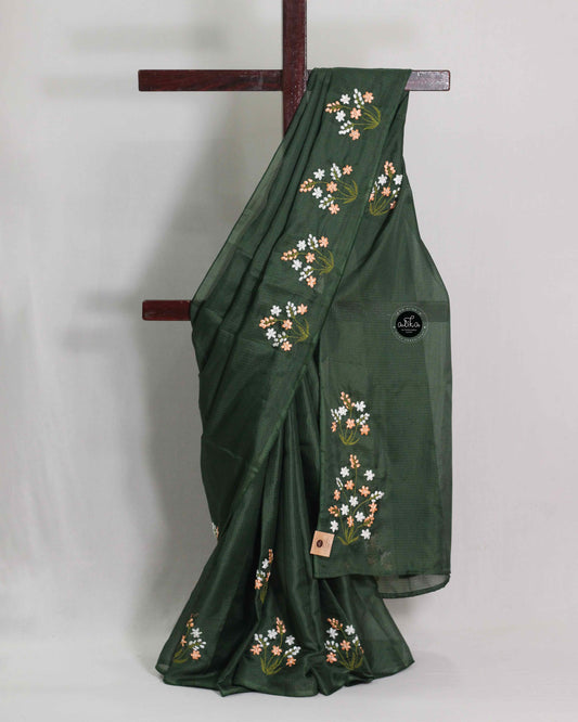 Dark Green Silky Kota Saree with Floral Ribbon Embroidery