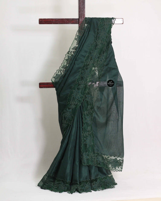 Dark Green Silky Kota Saree with Floral Net Applique Work