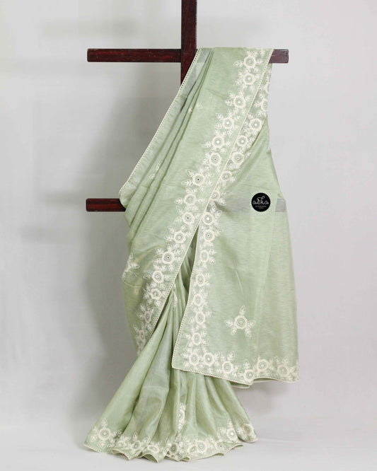 Light Pista Green Chanderi Saree with Floral Border Embroidery