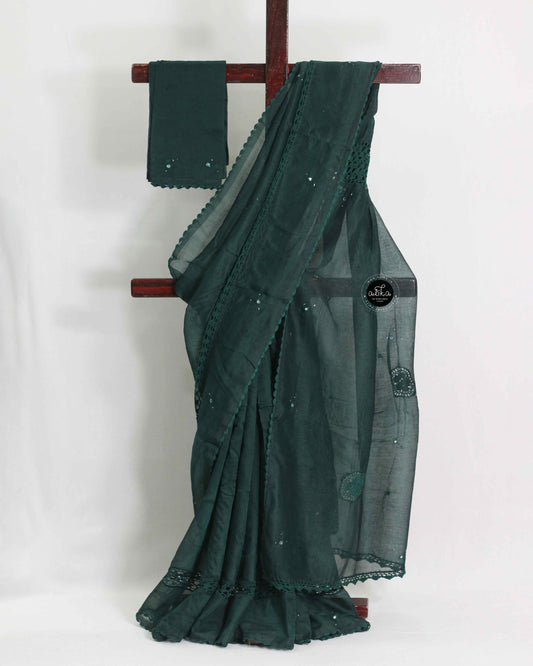 Dark Teal Green Kota Doria Saree with Crochet Detailing and Mirror Work