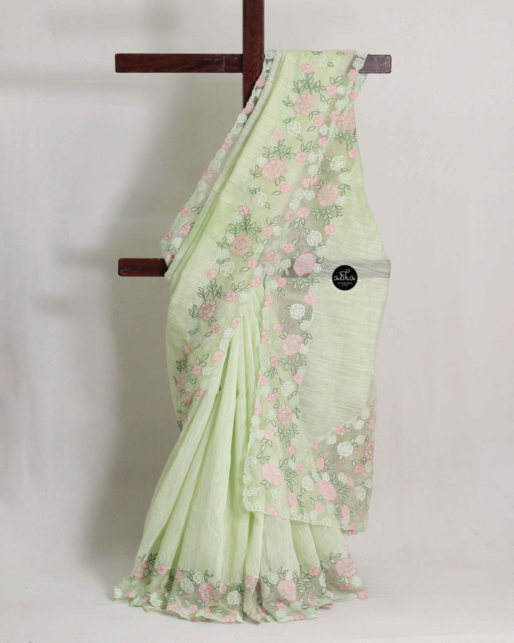 Pastel Green Kota Saree with Organza Applique Embroidery