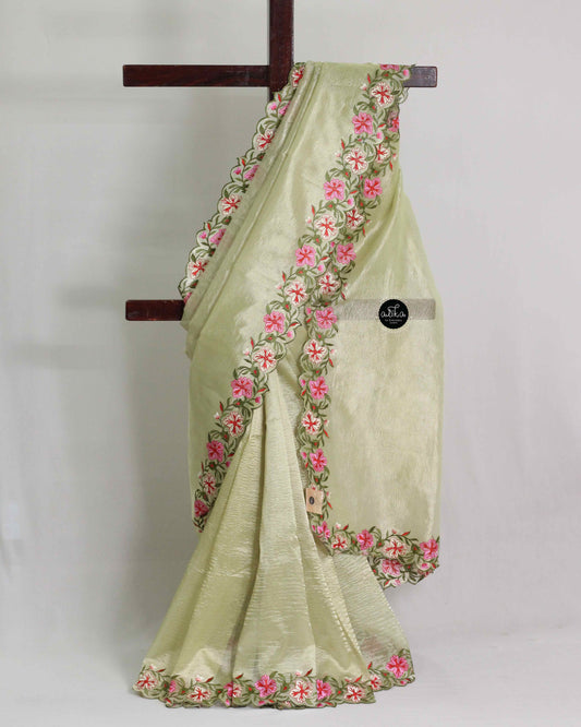 Pista Green Organza Saree with Floral Embroidery Border