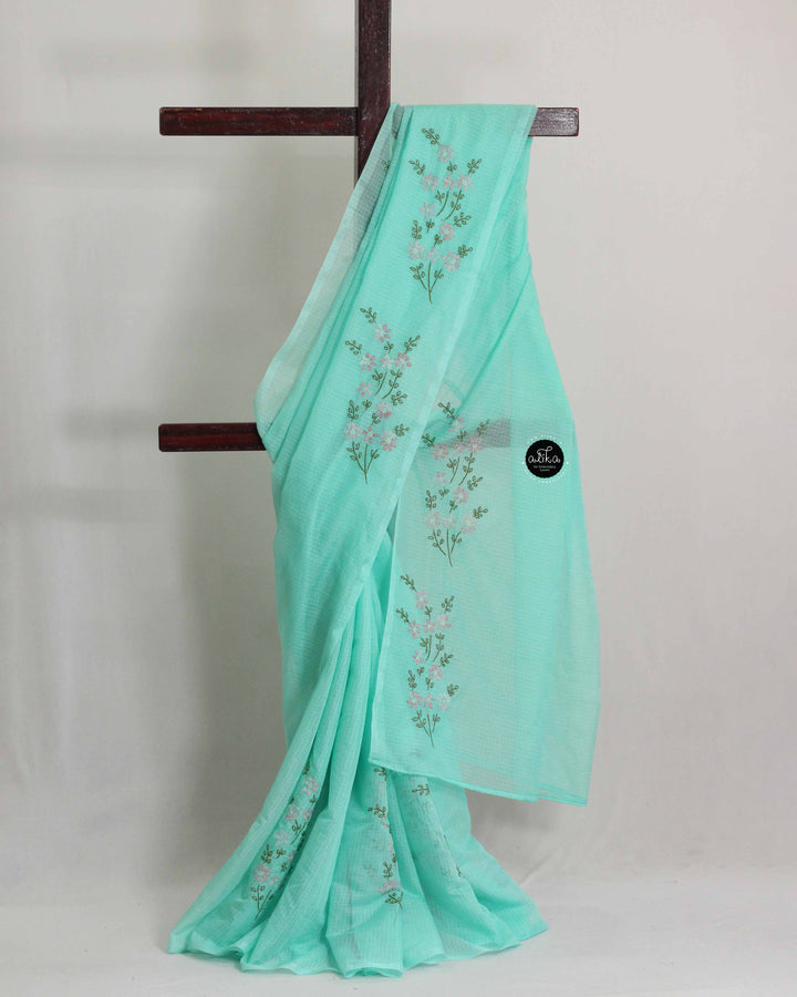 Aqua Green Silky Kota Saree with Floral Shadow Embroidery