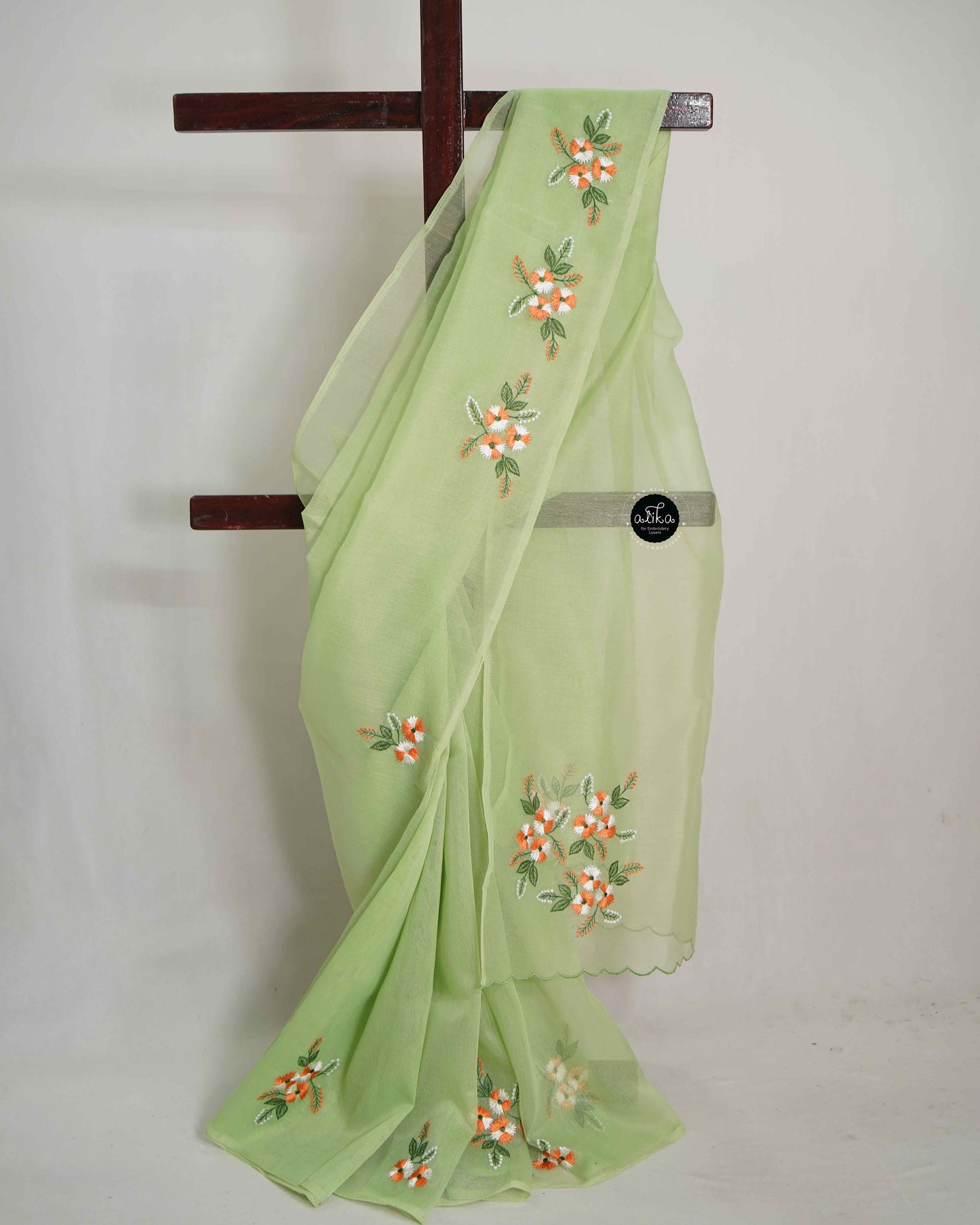 Light Green Kota Saree with Floral Machine Embroidery