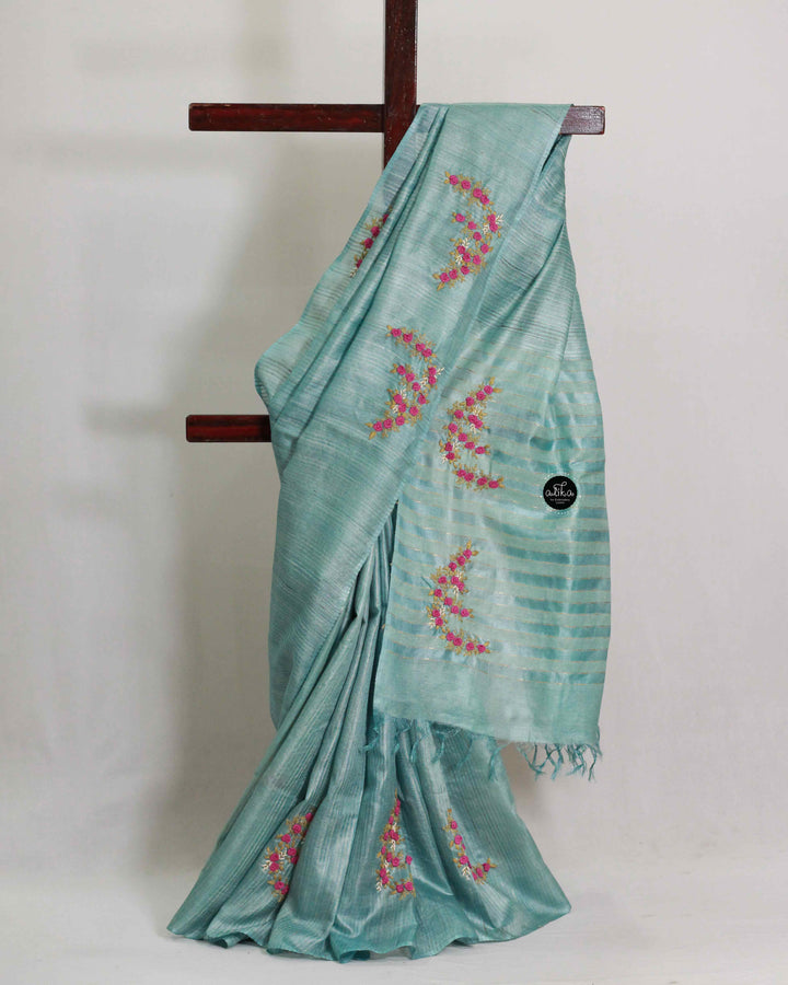 Light Teal Green Pure Tussar Silk Saree with Floral Hand Embroidery