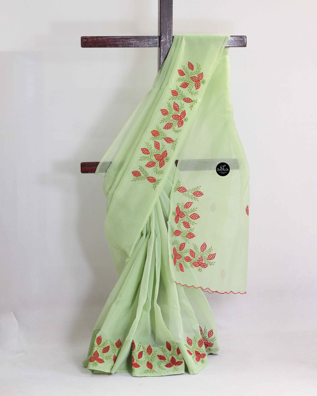 Mint Green Kota Saree with Floral Machine Embroidery &amp; Cutwork Detailing