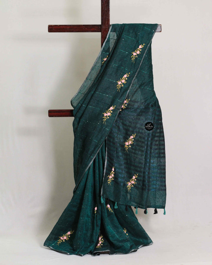 Dark Teal Green Checked Semi Linen Saree with Floral Hand Embroidery &amp; Sequin Work