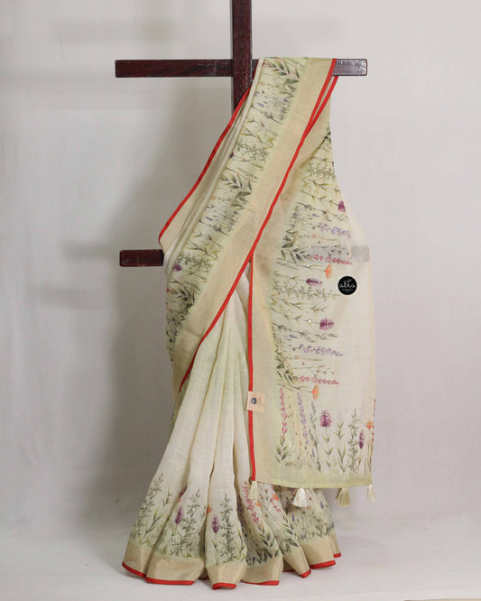 Linen Tissue Saree with Floral Print Hand Embroidery