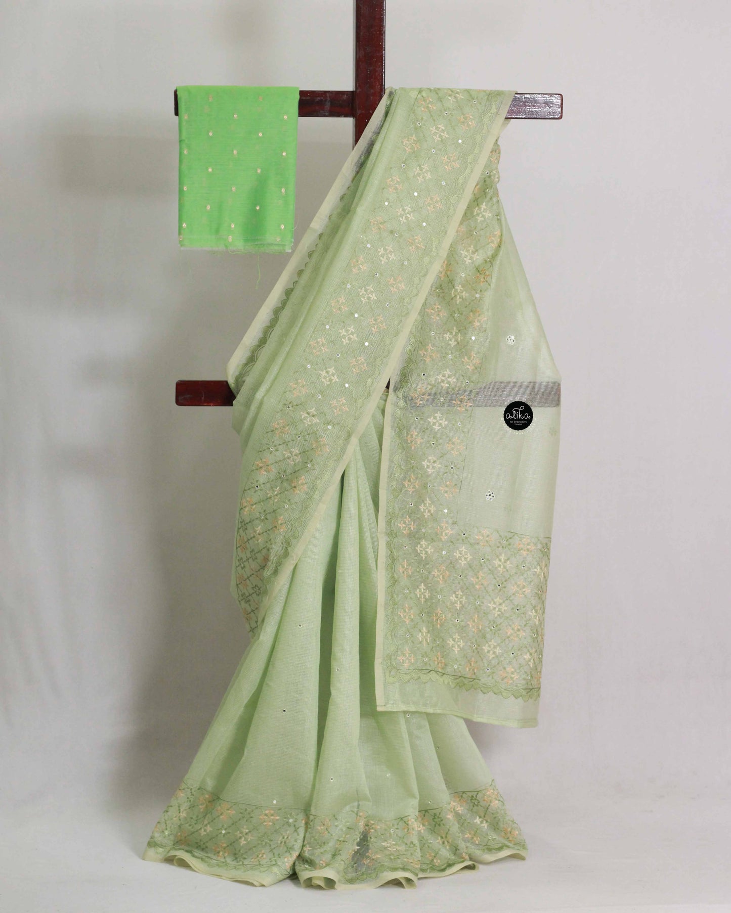 Pastel Kota Saree with Floral Machine Embroidery & Mirror Work