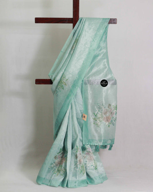 Light Sea Green Chanderi Saree with Floral Zari Work
