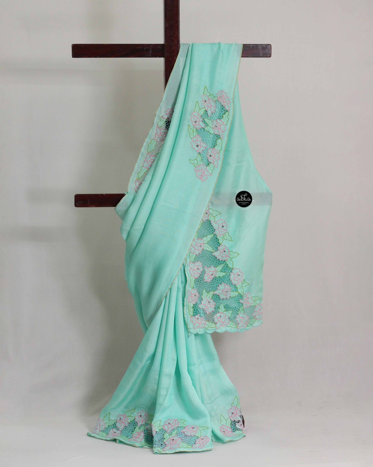 Aqua Green Crispy Georgette Saree with Floral Cutwork
