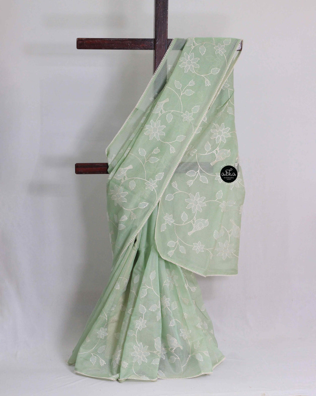 Pastel Green Kota Saree with Floral Applique &amp; Beige Blouse Piece