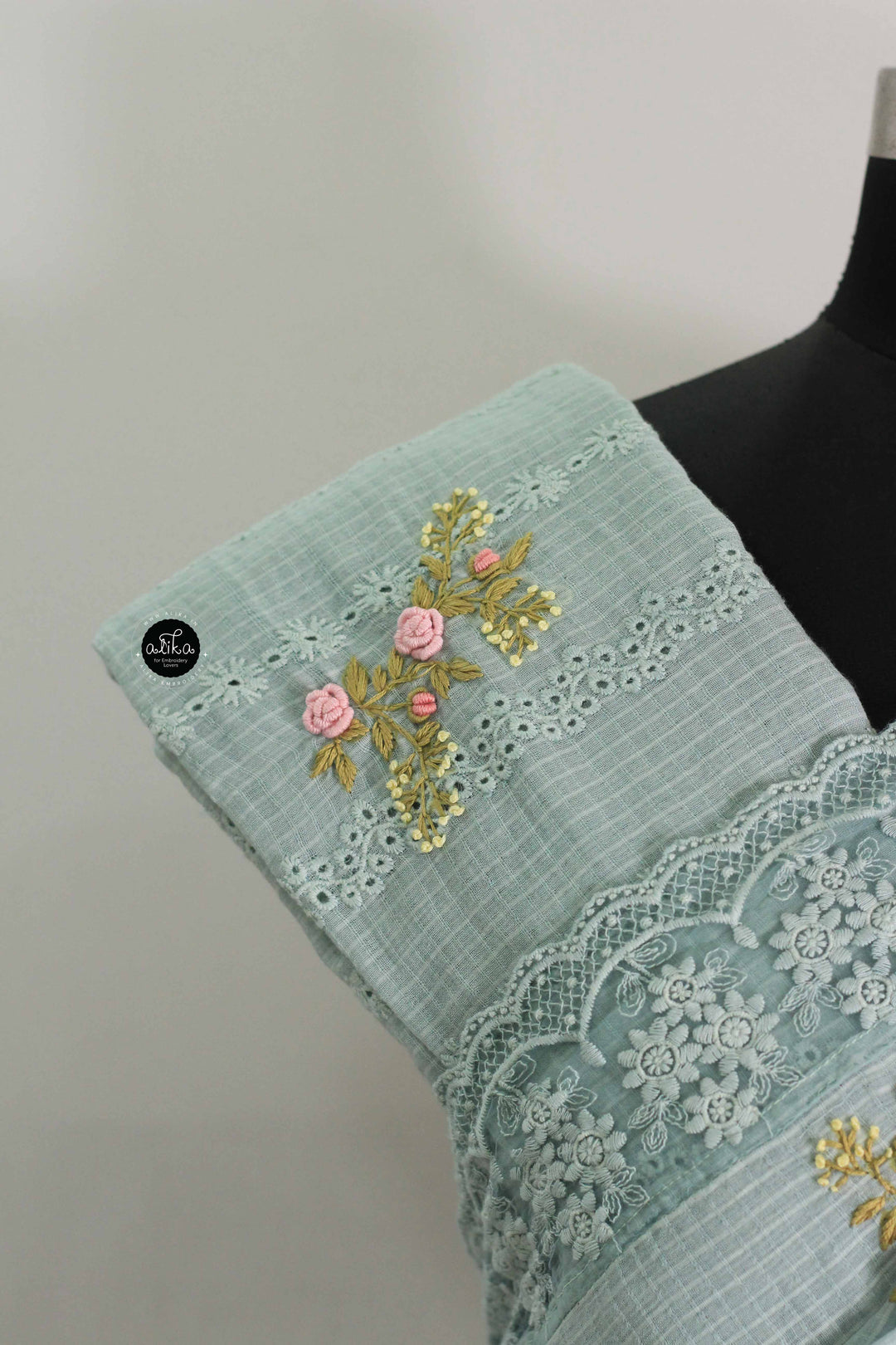 Light Turquoise Pure Cotton Saree with Floral Hand Embroidery &amp; Lace Border