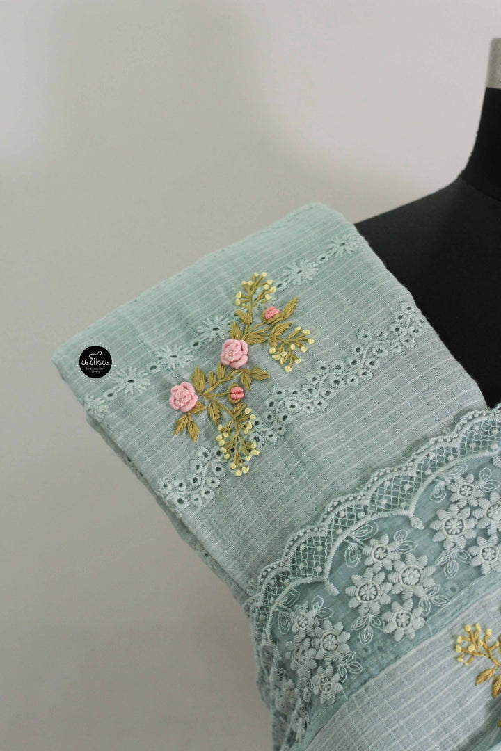 Light Turquoise Pure Cotton Saree with Floral Hand Embroidery &amp; Lace Border
