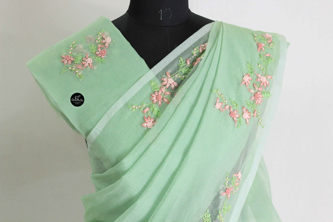 Pistachio Green Kota Saree with Floral Hand Embroidery