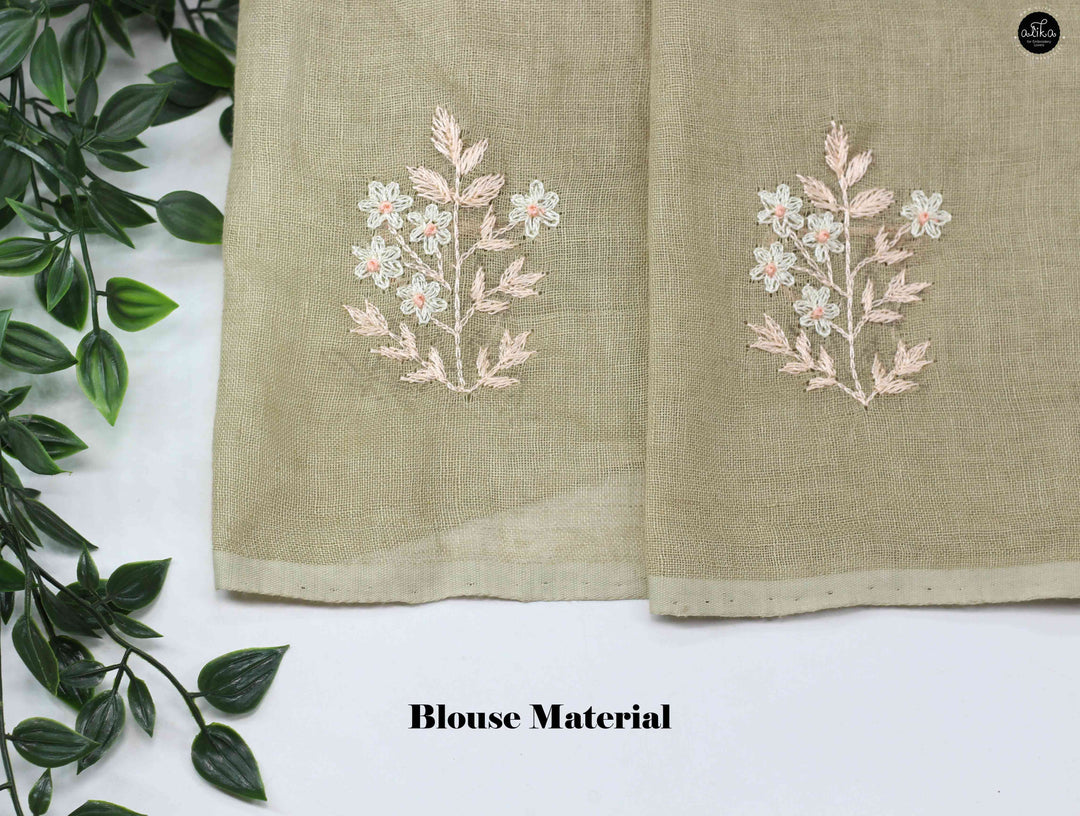 Light Olive Green Pure Linen Saree with Floral Embroidery