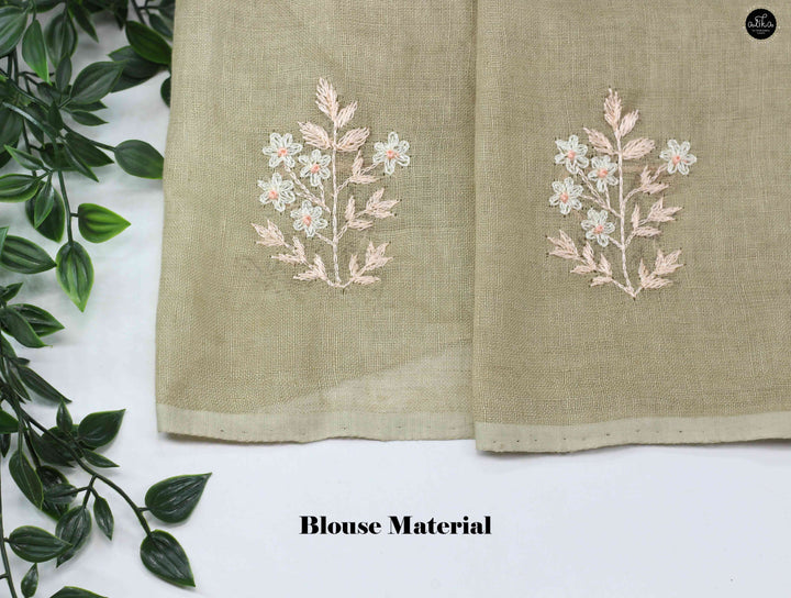 Light Olive Green Pure Linen Saree with Floral Embroidery