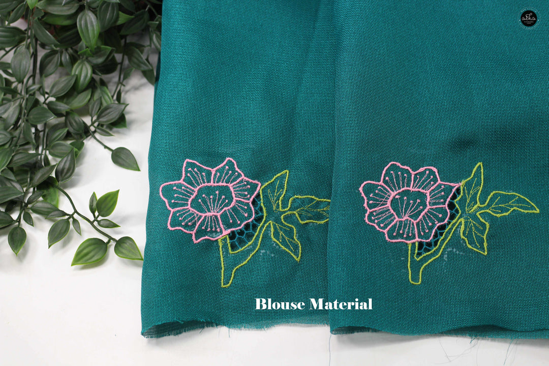 Teal Green Jute Saree with Floral Twine Cutwork
