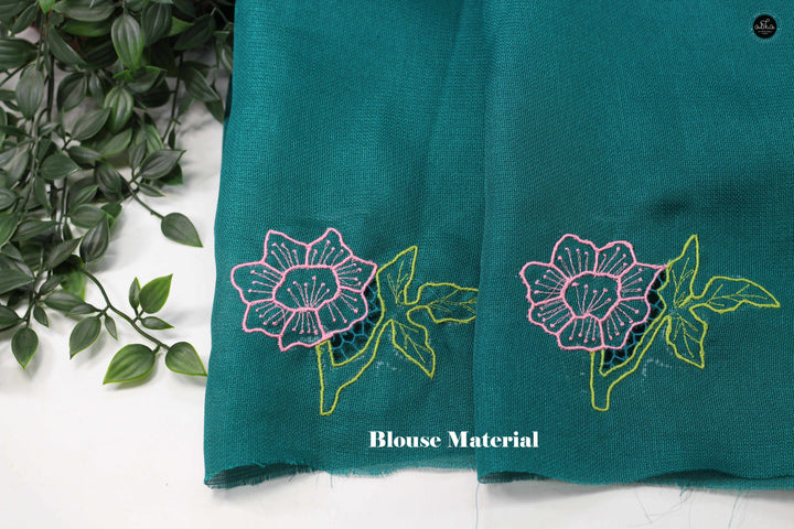 Teal Green Jute Saree with Floral Twine Cutwork