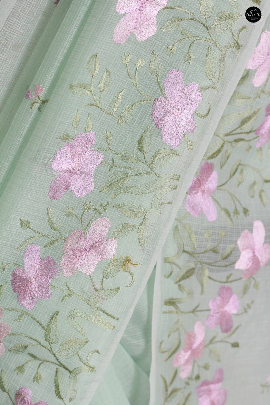 Mint Green Silky Kota Saree with Floral Machine Embroidery