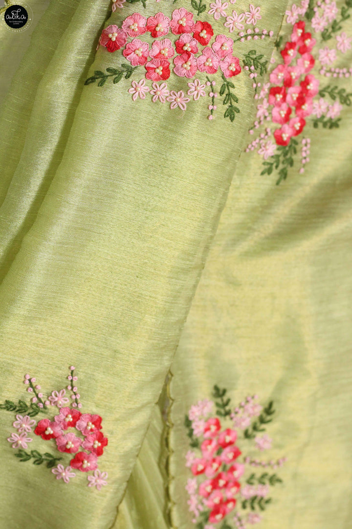 Pista Green Designer Silk Saree with Floral Hand Embroidery &amp; Bead Work