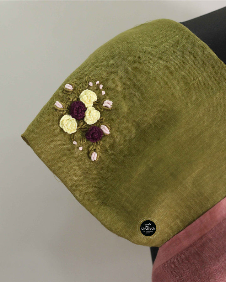 Dusty Rose &amp; Olive Green Double-Shaded Pure Linen Saree with Floral Hand Embroidery