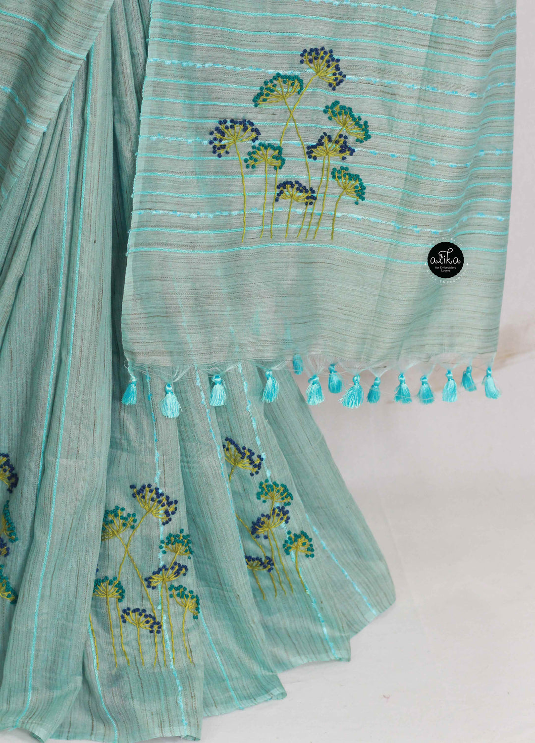 Sea Blue Bamboo Silk Saree with Floral Hand Embroidery