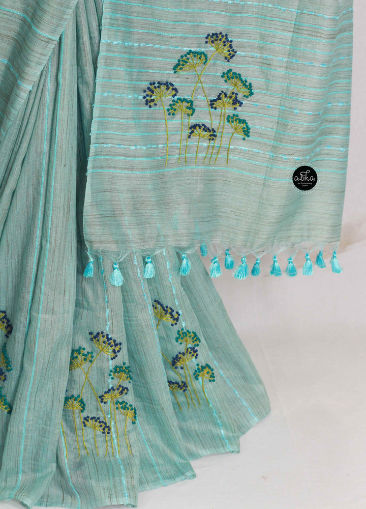 Sea Blue Bamboo Silk Saree with Floral Hand Embroidery