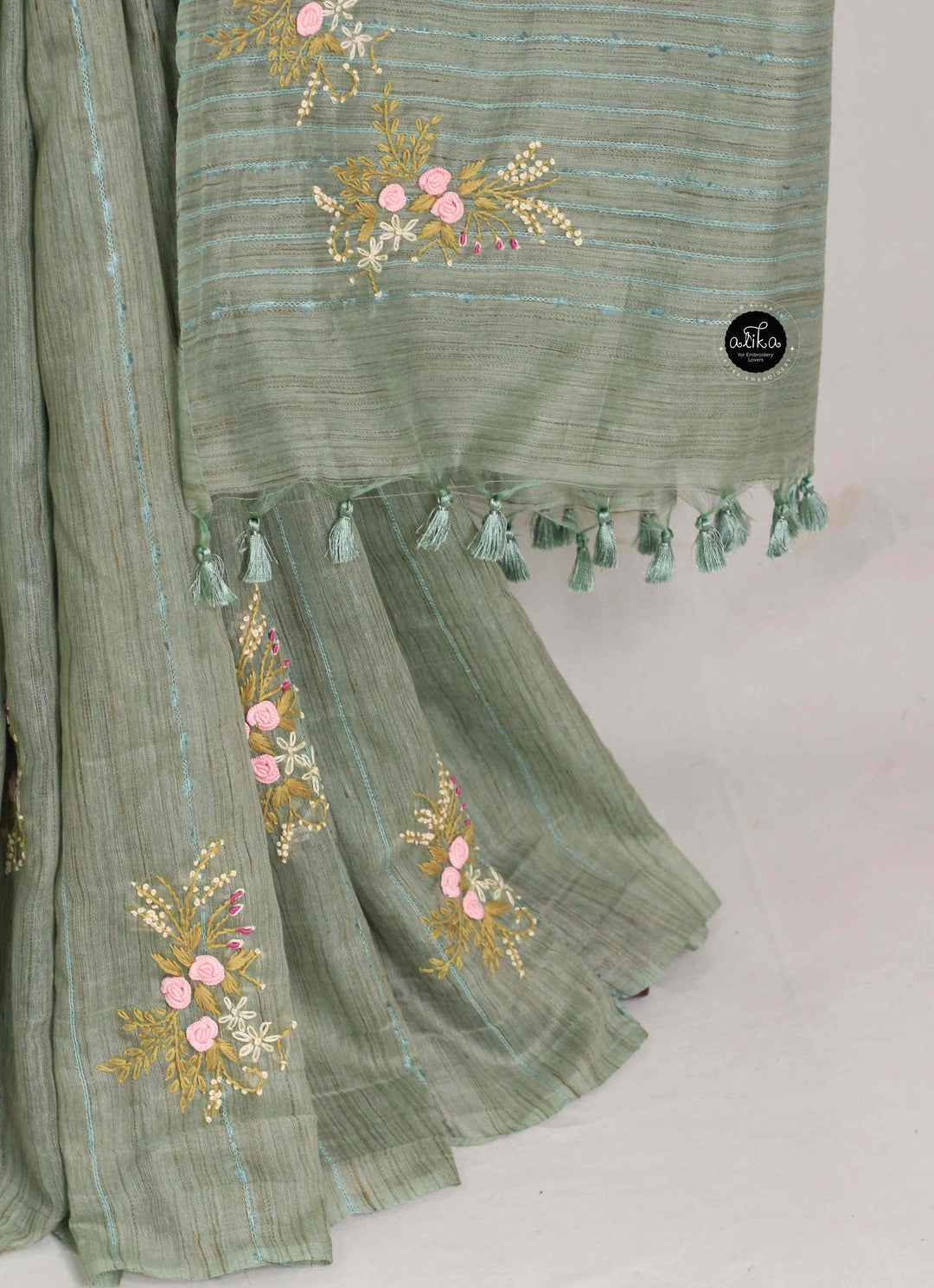 Sage Green Bamboo Silk Saree with Floral Hand Embroidery