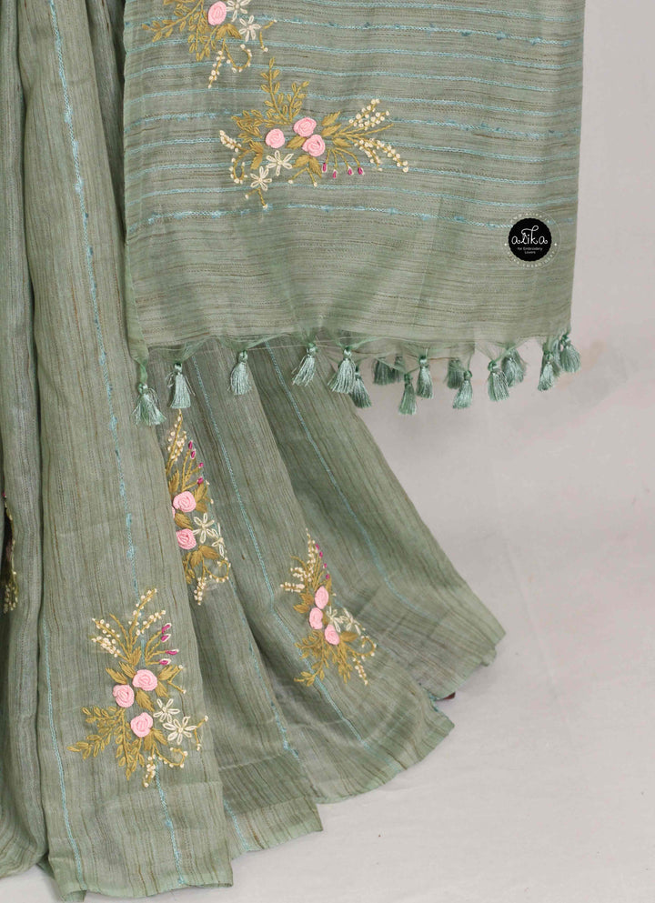 Sage Green Bamboo Silk Saree with Floral Hand Embroidery