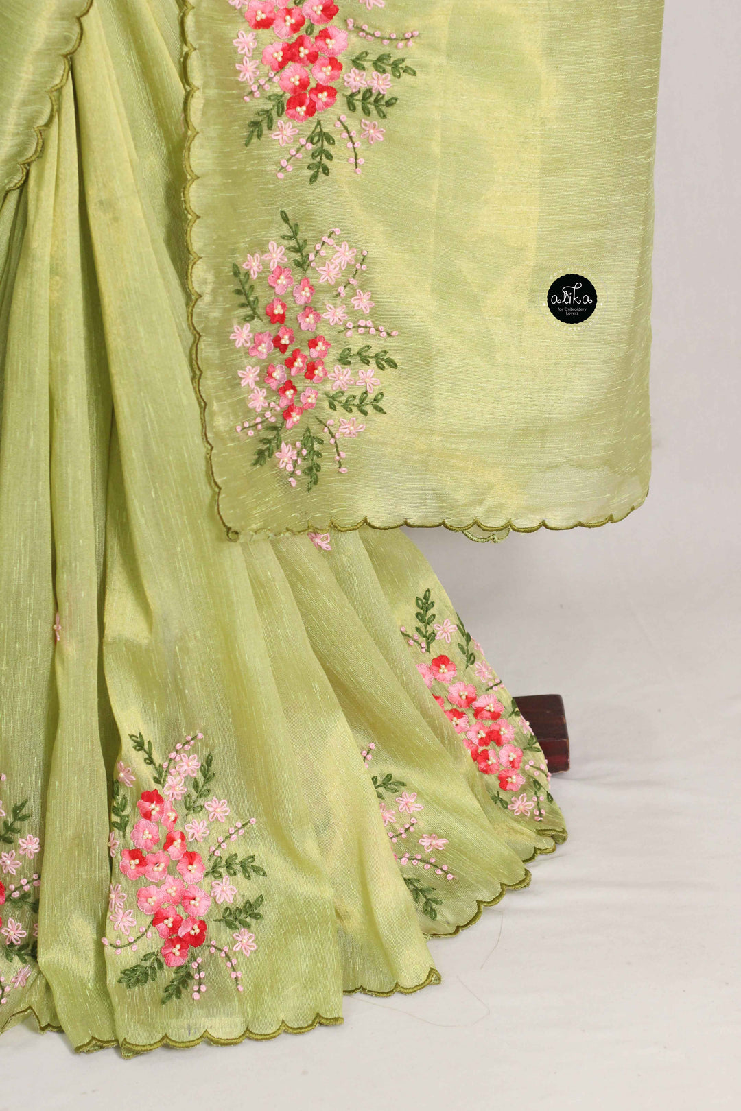Pista Green Designer Silk Saree with Floral Hand Embroidery &amp; Bead Work