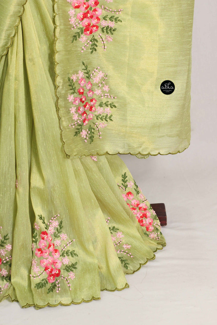 Pista Green Designer Silk Saree with Floral Hand Embroidery &amp; Bead Work