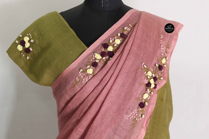 Dusty Rose &amp; Olive Green Double-Shaded Pure Linen Saree with Floral Hand Embroidery