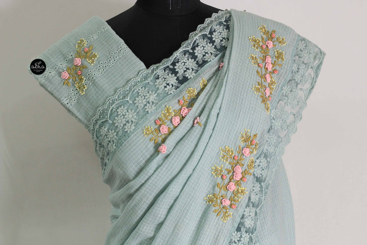 Light Turquoise Pure Cotton Saree with Floral Hand Embroidery &amp; Lace Border