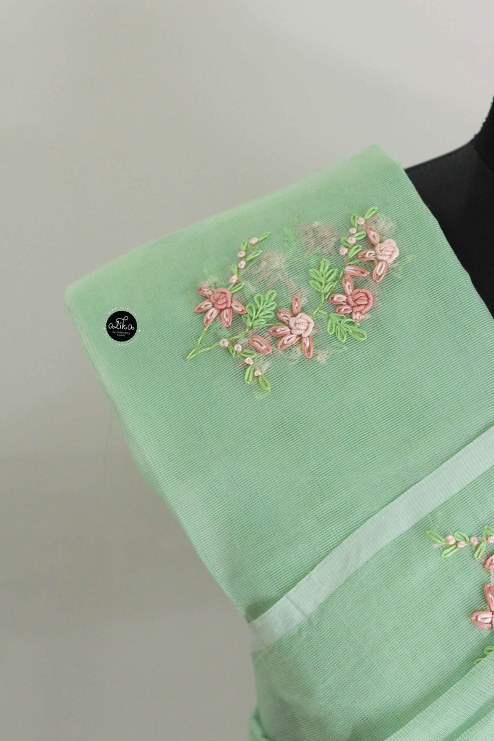 Pistachio Green Kota Saree with Floral Hand Embroidery