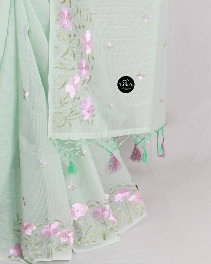 Mint Green Silky Kota Saree with Floral Machine Embroidery