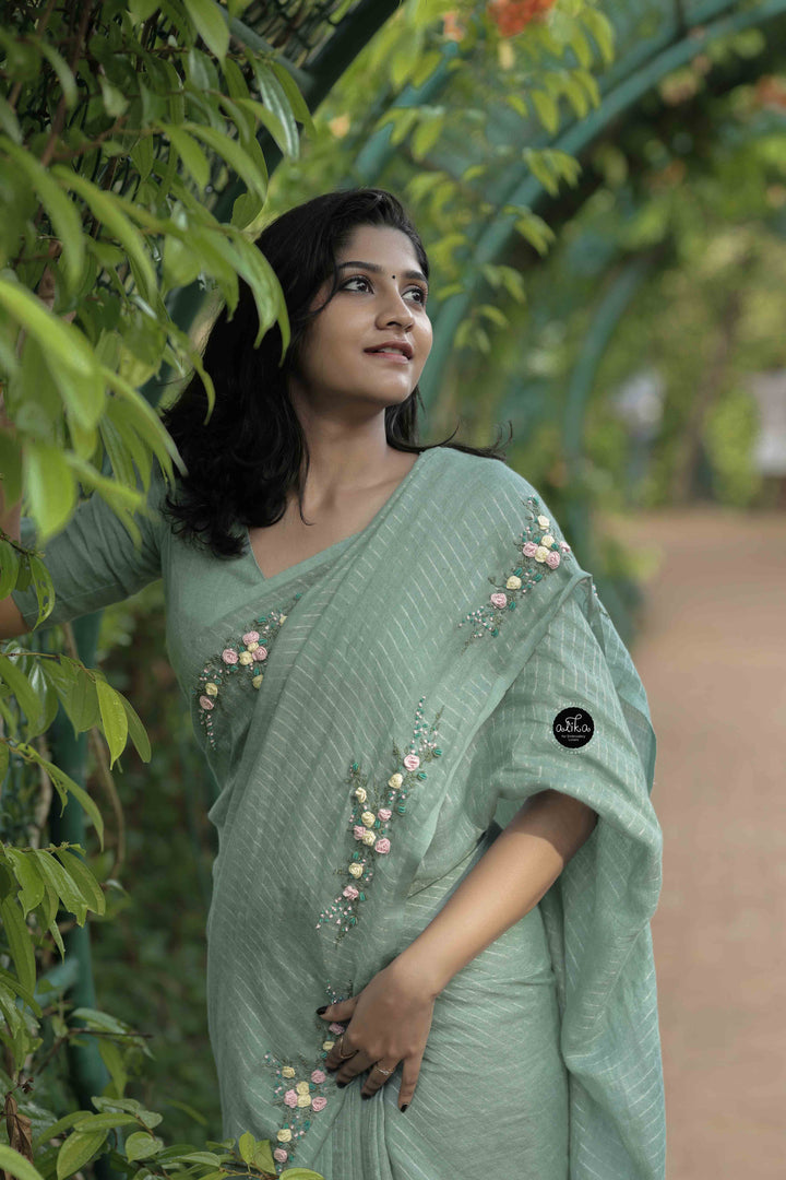 Turquoise Green Pure Linen Saree with Silver Linen Stripes &amp; Floral Hand Embroidery